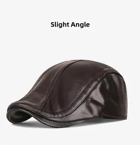 Side view of dark brown PU leather flat cap showing fine stitching and retro texture