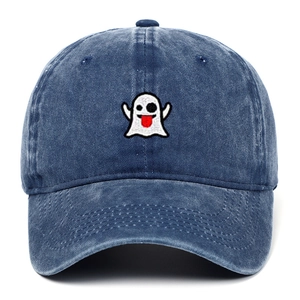 Blue washed cotton denim baseball cap with cute ghost embroidery for Halloween season