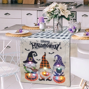 Gnome pumpkin table runner with glowing LED lights for Halloween festive decoration