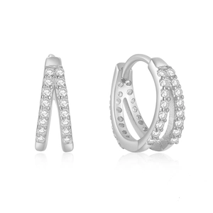 Detail of silver crossover earrings with double rows of pave-set cubic zirconia crystals