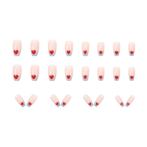 24pcs nude and light blue french ombre press-on nails with red heart patterns