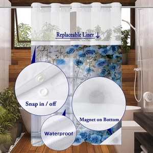 Détail de la doublure clipsable et du rideau de douche floral bleu avec maille respirante