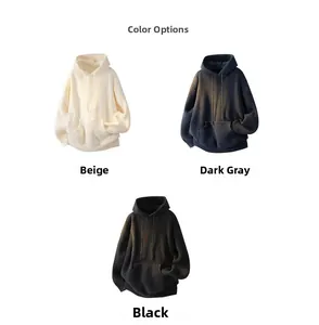 Three heavy knit hoodies in beige, dark grey, and black colors with kangaroo pockets