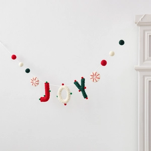 Christmas JOY felt banner with red green white wool balls and peppermint candy design