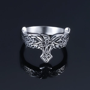 Vintage Viking eagle totem ring in stainless steel with Celtic knot carvings on silver band