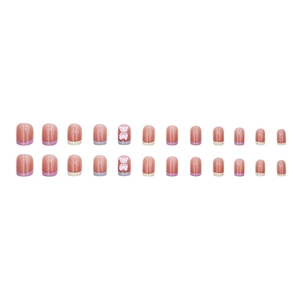 Press-on nails featuring cute 3D bears and colorful French tips in sweet pink and purple