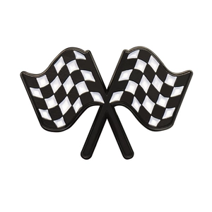 Crossed checkered racing flag enamel pins in black and white finish on white background