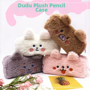 Close-up of four plush pencil cases with cute bear embroidery and 3D ears in various colors
