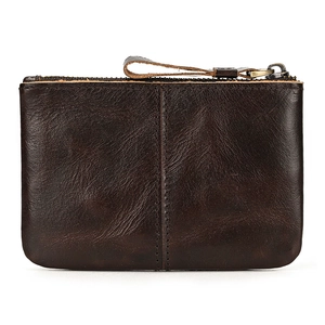 Vintage dark coffee genuine leather coin purse with zipper closure and natural cowhide texture