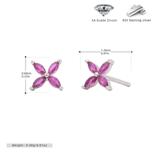 Detailed view of 925 sterling silver four-leaf flower studs with pink 5A zircons and dimensions