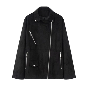 Veste de motard classique en suédine noire avec fermetures éclair argentées