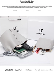 Spacious light grey pebbled leather bucket bag set with inner pouch and daily essentials
