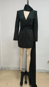 Detail of V-neck striped dress with waist pleats and matching neck scarf accessory