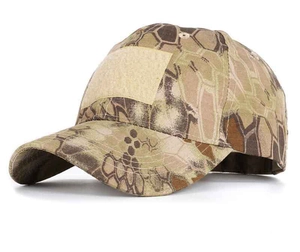 Macro detail of python camo tactical cap with front hook and loop fastener patch