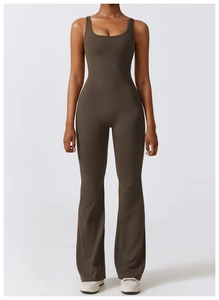 Detail of coffee brown flared yoga jumpsuit featuring U-neck and high waist silhouette