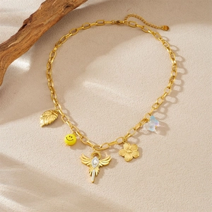 Vergoldete Edelstahlkette mit Flügeln, Smiley und Blumenanhängern für Damen