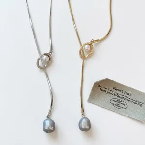 French style baroque grey pearl pendant necklace with gold and silver snake chains