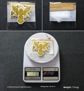 Detail view of 12 gold glitter angel cake toppers for baptism and communion events