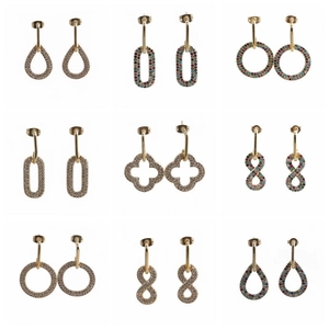 Set of nine gold-plated square and geometric stud earrings with colorful zircon stones