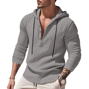 Men's grey hooded linen-style henley shirt with long sleeves and drawstring