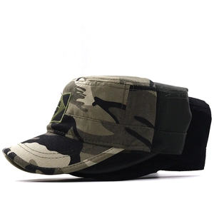 Side view of camo and black tactical military caps with embroidered flag patch detail
