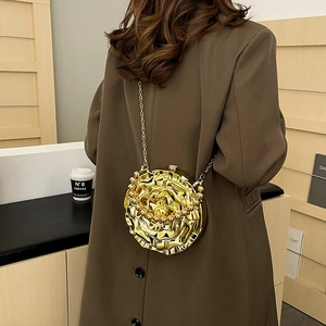 Elegant gold rose flower evening clutch bag with metal chain handle for women