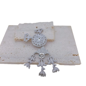 Vintage silver flower necklace with pearl tassels and shimmering zircon crystals