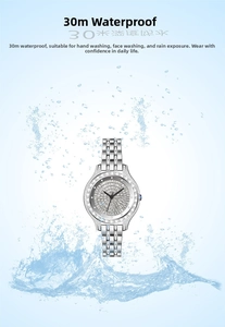 Luxury rhinestone quartz watch with 30m water resistance and splash effect detail