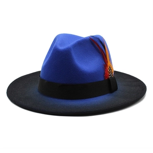 Royal blue and black gradient wool fedora hat with colorful feather and black ribbon
