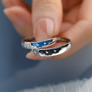 S925 sterling silver star and moon couple rings with blue and black enamel details