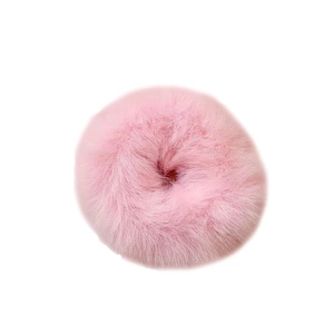 Soft pink plush faux fur scrunchie with elastic band for women, candy color hair accessory