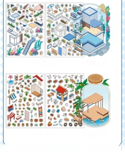 Detail of 2.5D miniature scene PET stickers with cardstock for DIY scrapbooking