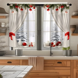 Detail of Christmas short kitchen curtains with pine branches and red ornaments