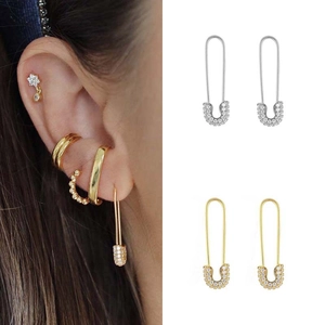Safety Pin Earrings Copper Gold Plated Cubic Zirconia Inlaid Geometric Paperclip Dangle Drop For Women Modern Punk Style