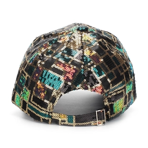 Rear view of black sequin baseball cap with colorful grid pattern and metal buckle