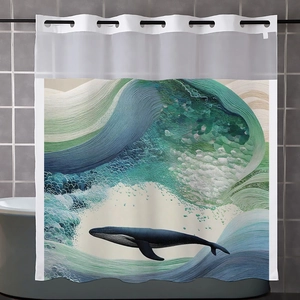 Close-up of shower curtain with whale wave art, sheer top panel, and metal grommets