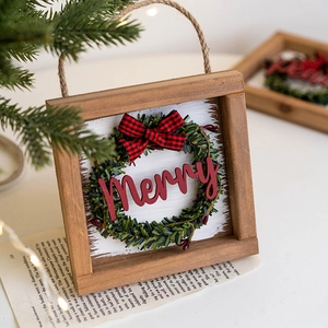 American Christmas wooden door sign with Merry 3D lettering and plaid bow wreath decoration