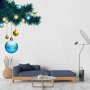Modern Christmas wall decal featuring golden ornaments and pine branches for home decor