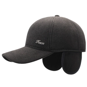 Men's winter baseball cap with ear protection flaps and metal logo in dark grey