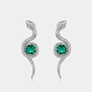 S925 Sterling Silver Snake Stud Earrings For Women Lab Created Emerald Green Stone Inlaid Rhinestone Animal Design Jewelry