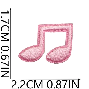 Detailed close-up of pink musical note embroidered patch with precise dimension markings