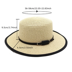 Chapeau de paille à sommet plat avec ruban en cuir noir pour femmes protection solaire