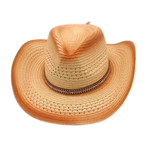 Bohemian style woven straw cowboy hat with sparkling rhinestone band on white background