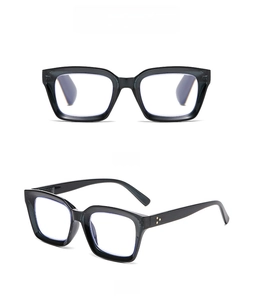 Front and 45-degree side views of black-blue square frame reading glasses