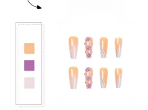 Detailed view of long ballerina press-on nails with orange gradient and 3D floral designs