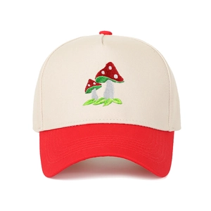 Retro 5-panel truck headwear featuring mushroom embroidery and red-beige contrast colors
