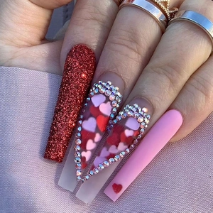 Long Coffin Press On Nails Pink Red Heart Rhinestone Matte Fake Nails Set For Valentine Day Mature Women Nails Decor