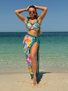 Detail of tropical floral bikini set with underwire top and matching sheer beach sarong