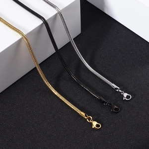 Three premium stainless steel snake chains in gold, black, and silver finishes with lobster clasps