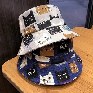 Sommer-Anglerhut mit süßen Cartoon-Katzenmotiven aus grauem und blauem Canvas-Stoff